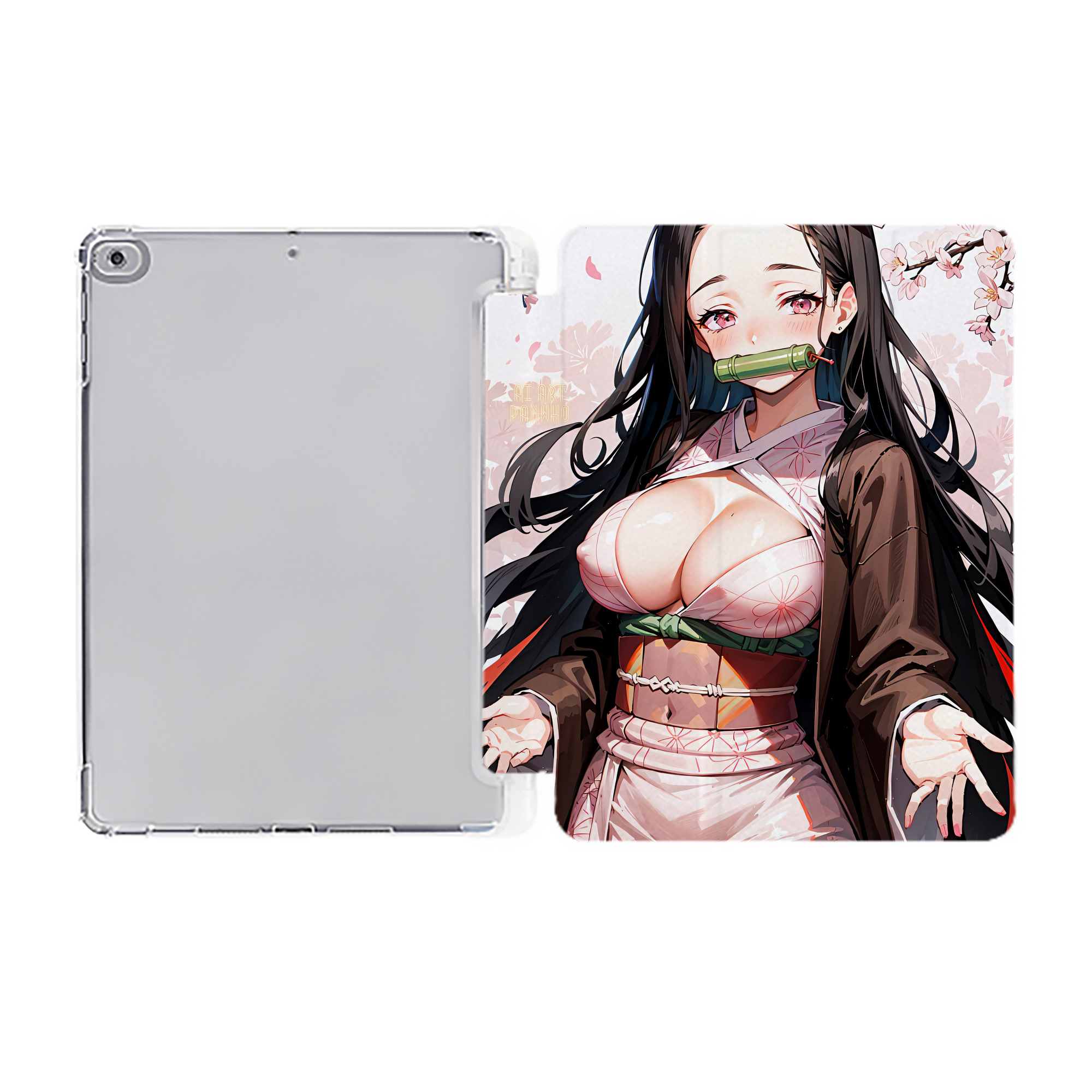 （画像用） 鬼滅の刃（きめつのやいば）竈門 禰󠄀豆子／かまど ねずこ Kamado Nezuko IPad ケース ペン収納付き 三つ折りスタンド PUレザー×シリコン 対応機種9.5/10.5/10.9インチ